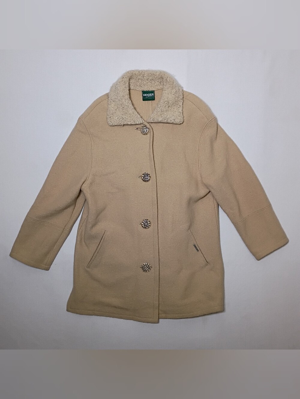 Vintage Geiger Womens Boiled Wool Coat 42 Camel Shearling Collar Bone Button